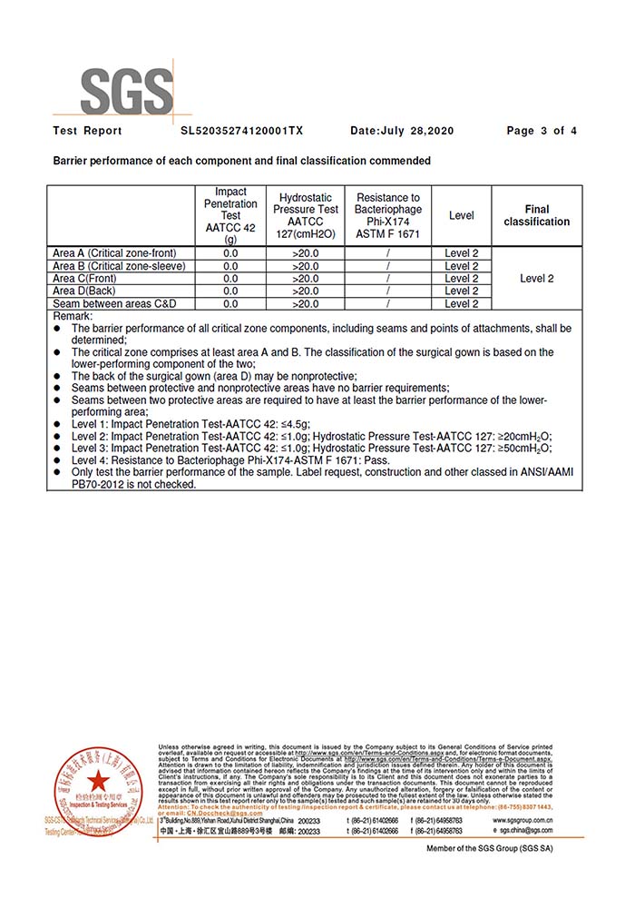 SGS AAMI PB70 手術(shù)衣2級(jí)檢測(cè)報(bào)告3